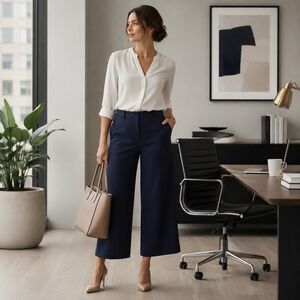 J Crew Womens Sydney Wide Leg Crop Pants 12 Navy Stretch Quiet Luxury Old Money